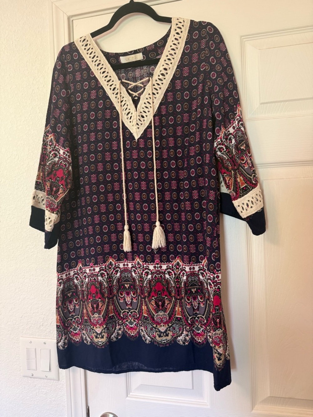 ENTRO Boho Lace-Up Mini Tunic Dress; Navy &pink